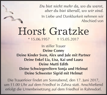 Traueranzeige von Horst Gratzke von WVG - Wochenspiegel Wittenberg