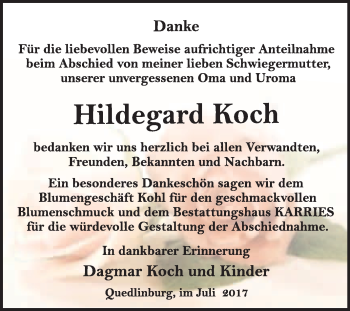 Traueranzeige von Hildegard Koch von WVG - Wochenspiegel Quedlinburg