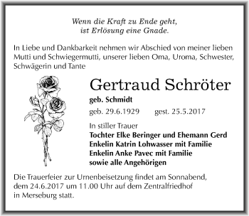 Traueranzeige von Gertraud Schröter von Mitteldeutsche Zeitung Merseburg/Querfurt