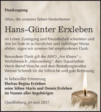 Traueranzeige von Hans-Günter Erxleben von WVG - Wochenspiegel Quedlinburg
