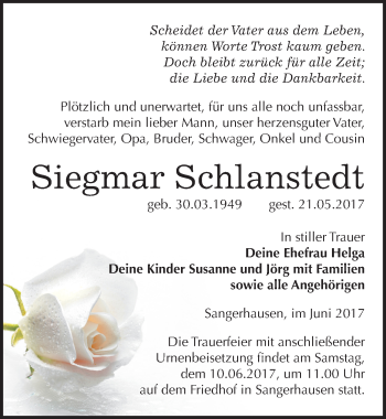 Traueranzeige von Siegmar Schlanstedt von Mitteldeutsche Zeitung Mansfelder Land