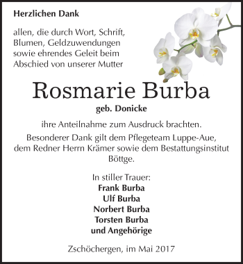 Traueranzeige von Rosmarie Burba von Mitteldeutsche Zeitung Merseburg/Querfurt