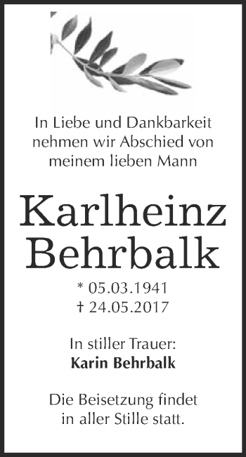 Traueranzeige von Karlheinz Behrbalk von Super Sonntag Halle