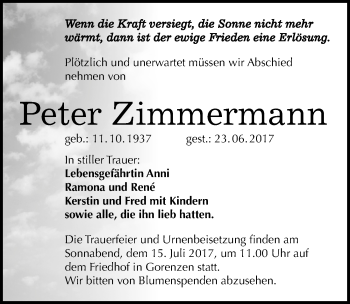 Traueranzeige von Peter Zimmermann von Mitteldeutsche Zeitung Mansfelder Land