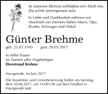 Traueranzeige von Günter Brehme von Mitteldeutsche Zeitung Quedlinburg