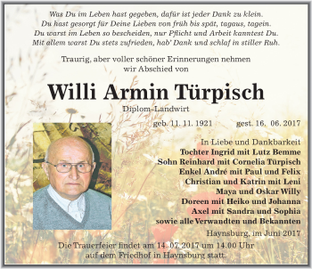 Traueranzeige von Willi Armin Türpisch von Mitteldeutsche Zeitung Zeitz