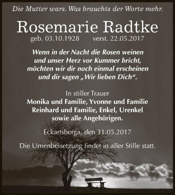 Traueranzeige von Rosemarie Radtke von WVG - Wochenspiegel NMB / WSF / ZTZ
