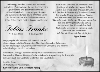 Traueranzeige von Tobias Franke von WVG - Wochenspiegel Merseburg