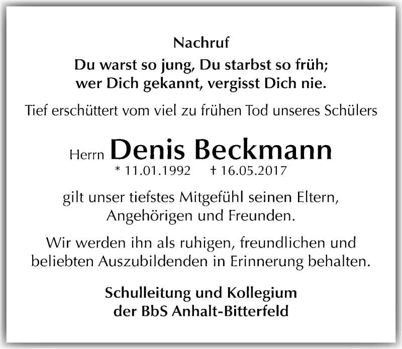  Traueranzeige für Denis Beckmann vom 03.06.2017 aus Mitteldeutsche Zeitung Dessau-Roßlau