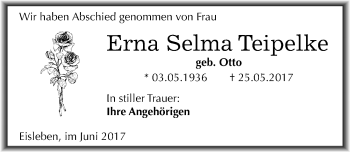 Traueranzeige von Erna Selma Teipelke von Mitteldeutsche Zeitung Mansfelder Land