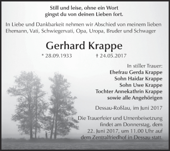 Traueranzeige von Gerhard Krappe von WVG - Wochenspiegel Dessau / Köthen