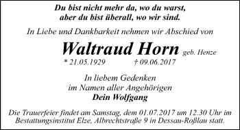 Traueranzeige von Waltraud Horn von Mitteldeutsche Zeitung Dessau-Roßlau