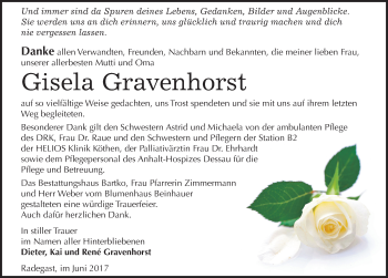 Traueranzeige von Gisela Gravenhorst von Mitteldeutsche Zeitung Köthen