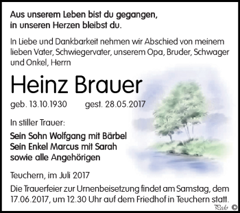 Traueranzeige von Heinz Brauer von WVG - Wochenspiegel NMB / WSF / ZTZ