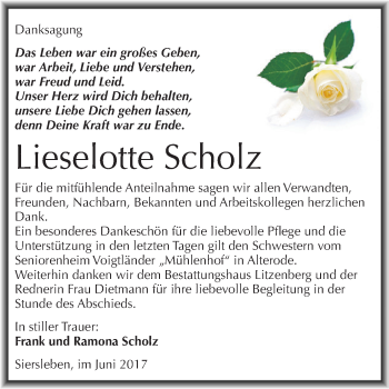 Traueranzeige von Lieselotte Scholz von Super Sonntag SGH Mansf. Land