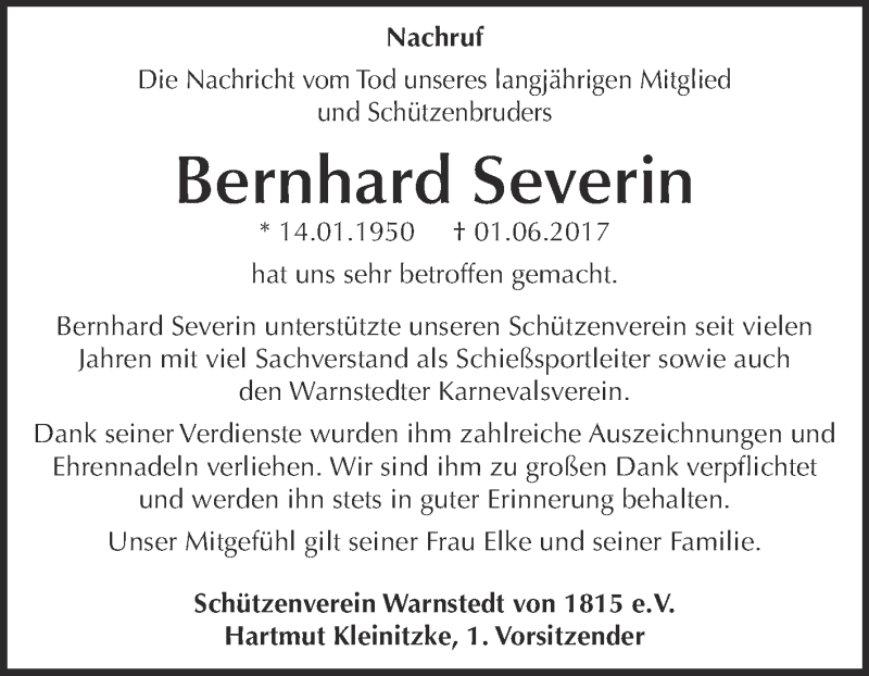  Traueranzeige für Bernhard Severin vom 24.06.2017 aus Super Sonntag Quedlinburg