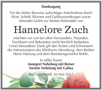 Traueranzeige von Hannelore Zuch von WVG - Wochenspiegel Merseburg