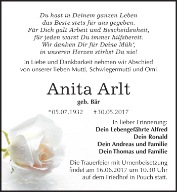 Traueranzeige von Anita Arlt von Mitteldeutsche Zeitung Bitterfeld