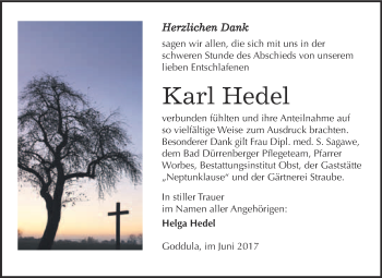 Traueranzeige von Karl Hedel von Super Sonntag Merseburg