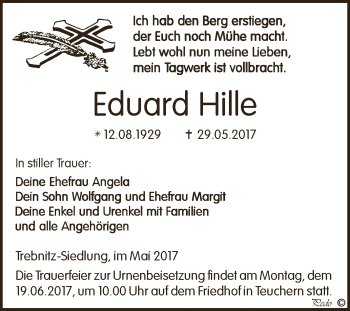 Traueranzeige von Eduard Hille von WVG - Wochenspiegel NMB / WSF / ZTZ