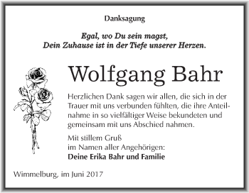 Traueranzeige von Wolfgang Bahr von Wochenspiegel Mansfelder Land