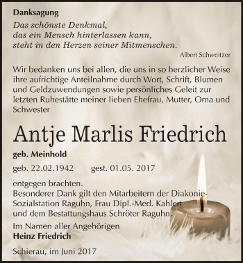 Traueranzeige von Antje Marlis Friedrich von Mitteldeutsche Zeitung Bitterfeld