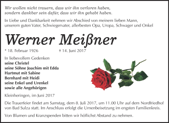 Traueranzeige von Werner Meißner von WVG - Wochenspiegel NMB / WSF / ZTZ