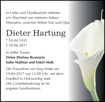 Traueranzeige von Dieter Hartung von Mitteldeutsche Zeitung Bitterfeld