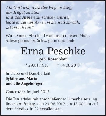 Traueranzeige von Erna Peschke von Mitteldeutsche Zeitung Merseburg/Querfurt