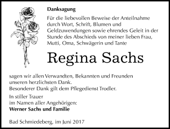 Traueranzeige von Regina Sachs von Mitteldeutsche Zeitung Wittenberg