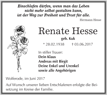 Traueranzeige von Renate Hesse von Super Sonntag SGH Mansf. Land