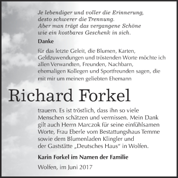 Traueranzeige von Richard Forkel von WVG - Wochenspiegel Bitterfeld