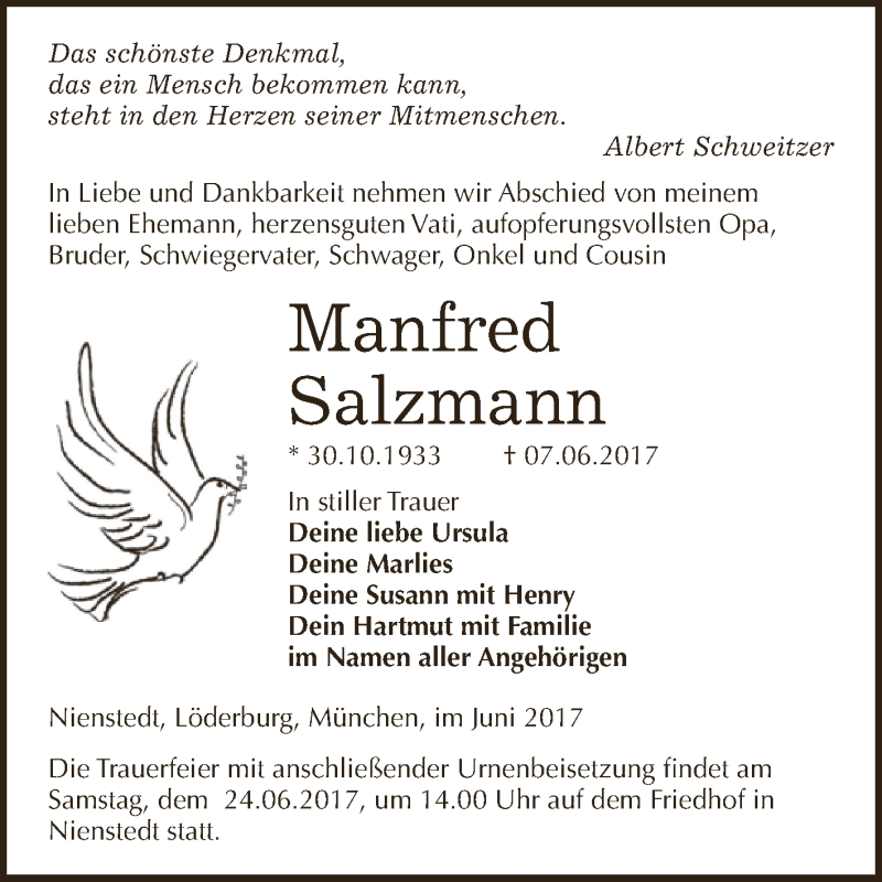  Traueranzeige für Manfred Salzmann vom 17.06.2017 aus Super Sonntag SGH Mansf. Land