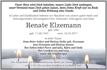Traueranzeige von Renate Elzemann von Wochenspiegel Mansfelder Land