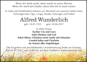 Traueranzeige von Alfred Wunderlich von Mitteldeutsche Zeitung Sangerhausen