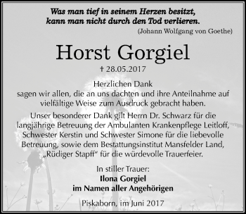Traueranzeige von Horst Gorgiel von Mitteldeutsche Zeitung Mansfelder Land