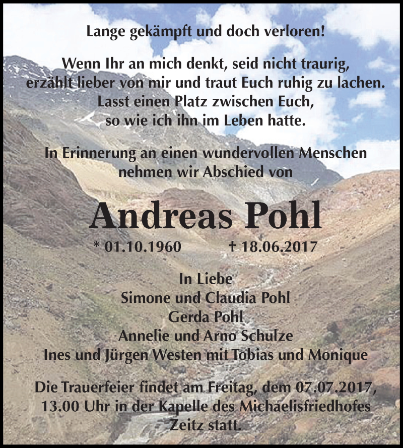  Traueranzeige für Andreas Pohl vom 24.06.2017 aus Super Sonntag Zeitz
