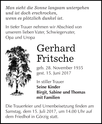 Traueranzeige von Gerhard Fritsche von WVG - Wochenspiegel Dessau / Köthen