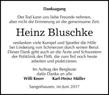 Traueranzeige von Heinz Bluschke von Mitteldeutsche Zeitung Sangerhausen