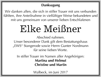 Traueranzeige von Elke Meißner von Mitteldeutsche Zeitung Mansfelder Land