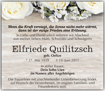 Traueranzeige von Elfriede Quilitzsch von Mitteldeutsche Zeitung Bitterfeld