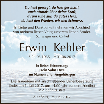 Traueranzeige von Erwin Kehler von WVG - Wochenspiegel Dessau / Köthen