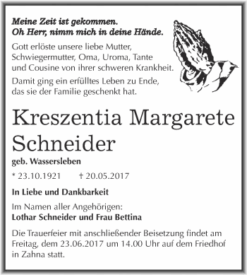 Traueranzeige von Kreszentia Margarete Schneider von Super Sonntag Wittenberg