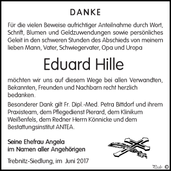 Traueranzeige von Eduard Hille von WVG - Wochenspiegel NMB / WSF / ZTZ