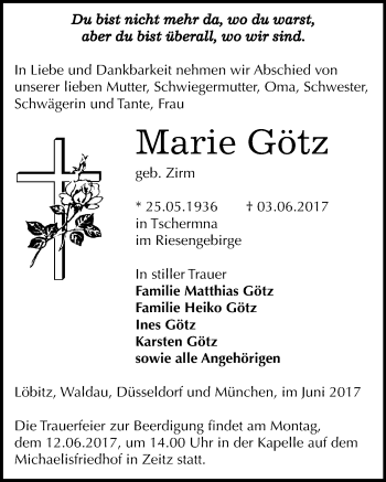 Traueranzeige von Marie Götz von Mitteldeutsche Zeitung Zeitz