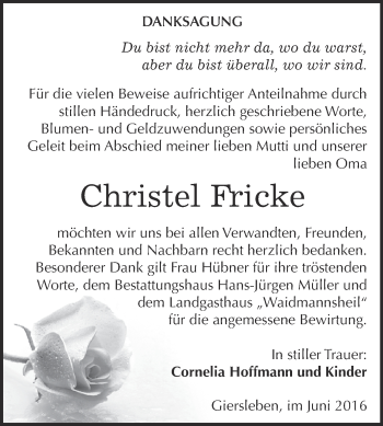 Traueranzeige von Christel Fricke von Super Sonntag Aschersleben