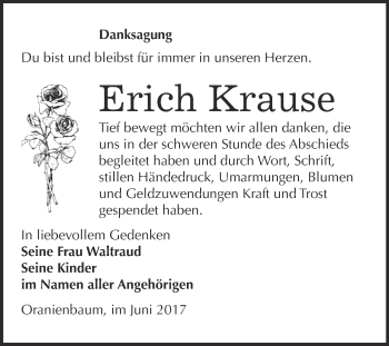 Traueranzeige von Erich Krause von WVG - Wochenspiegel Wittenberg