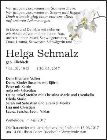 Traueranzeige von Helga Schmalz von Mitteldeutsche Zeitung Sangerhausen