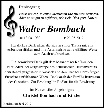 Traueranzeige von Walter Bombach von Mitteldeutsche Zeitung Dessau-Roßlau