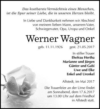 Traueranzeige von Werner Wagner von Mitteldeutsche Zeitung Sangerhausen